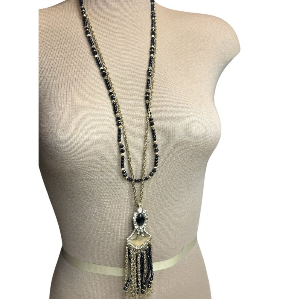 Modern Gold Black  Fringe Pendant Necklace Long Black &‎ Gold Chain Statement